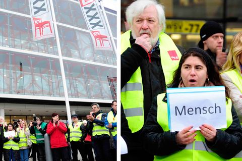 Angestellte von Mann Mobilia protestieren vor dem Geschäft