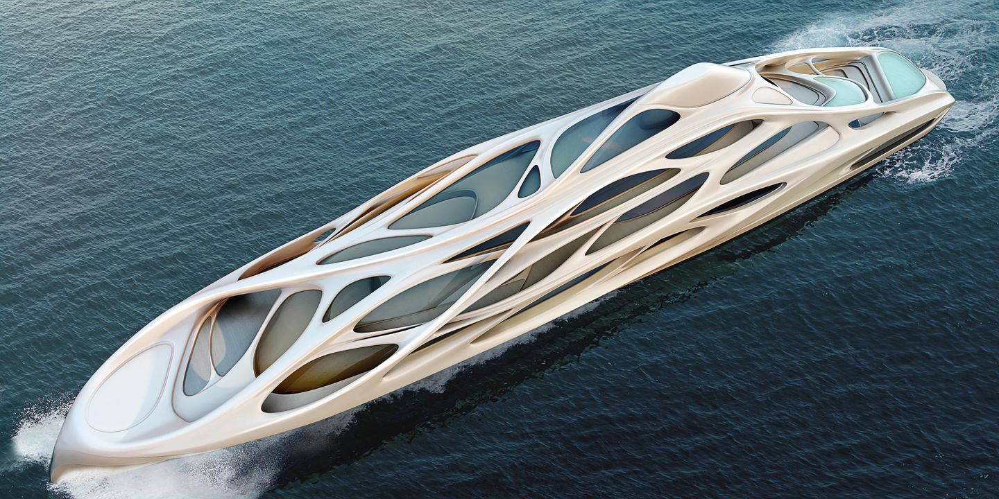 Bei diesem Entwurf handelt es sich um eine Konzeptstudie für eine 90 Meter lange Yacht, die Hadid in Zusammenarbeit mit der Hamburger Werft Blohm + Voss designt hat