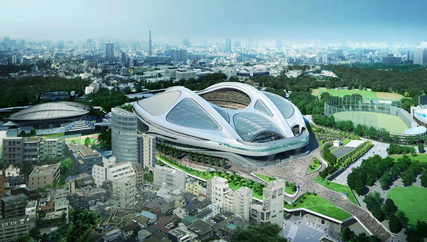 Nicht realisiert wird dieser Hadids Entwurf des neuen Olympiastadions in Tokio für die Olympischen Sommerspiele 2020. Zu hoch seien die Kosten, hieß es im Juli 2015.