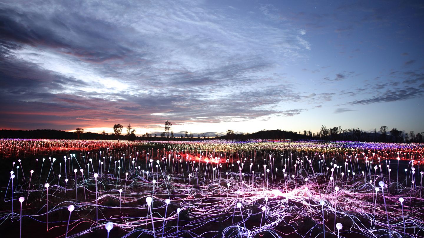 Die Kunstinstallation von Bruce Munro unter dem Titel "Field of Light" ist beim  großen Felsen Uluru in der Nähe des Ayers Rock Resort zu sehen
