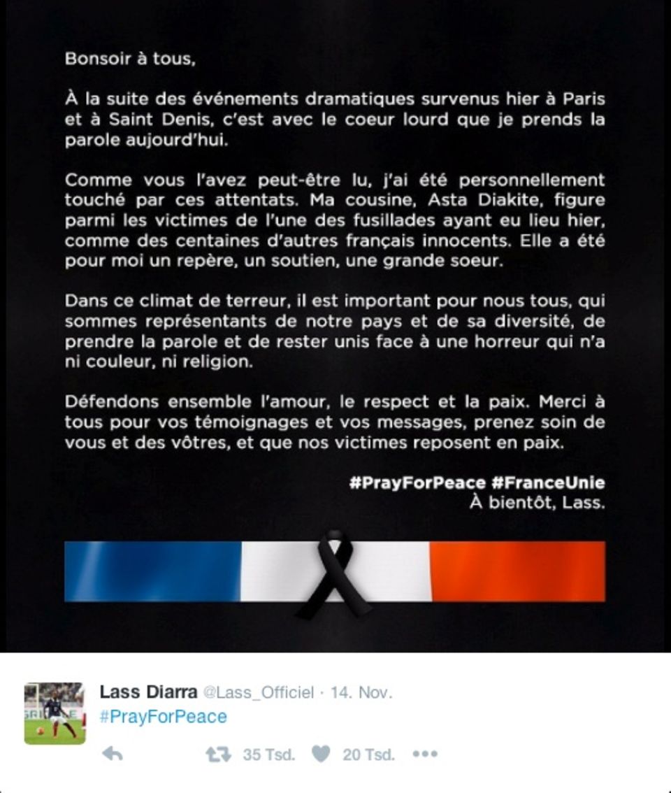 Last Call: Twitter-Post von Lassana Diarra zum Tod seiner Cousine in Paris