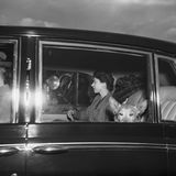 Die Königin Elizabeth II. mit einem Corgi im Auto 1955