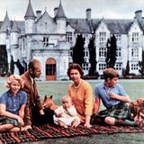 Familienpicknick mit Prinzessin Anne, Prinz Philip, Prinz Andrew, der Queen und Prinz Charles. Die Corgis immer dabei.