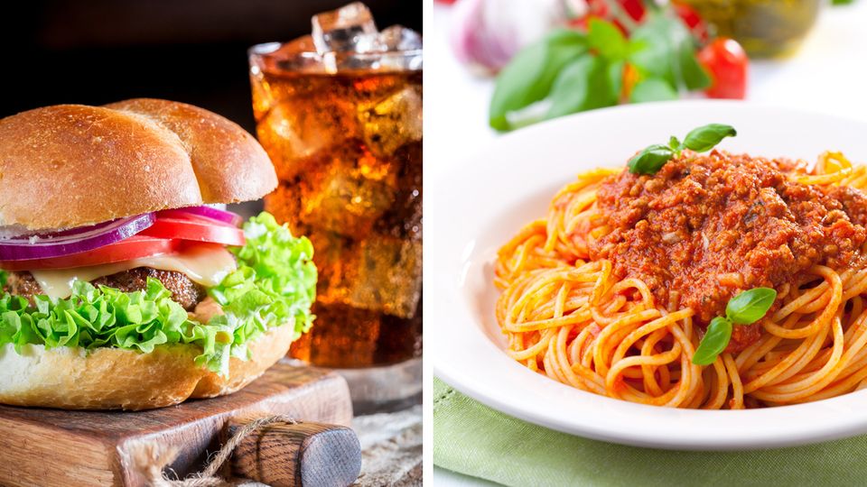 Burger und Spaghetti Bolognese