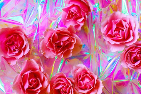 Partnerschaft: Das erste »Ich liebe dich«. Rosafarbene Rosen liegen auf einer Folie, die buntes Licht reflektiert.