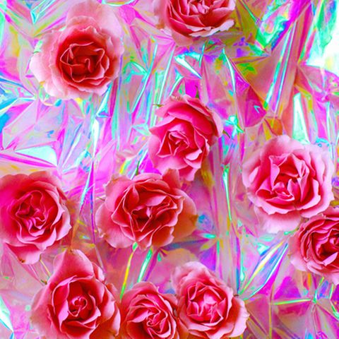 Partnerschaft: Das erste »Ich liebe dich«. Rosafarbene Rosen liegen auf einer Folie, die buntes Licht reflektiert.