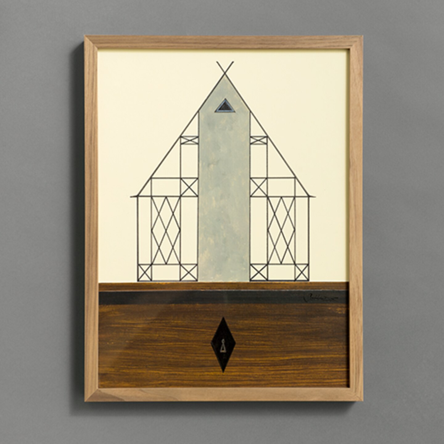Auktion: MODELLHAUS TYP MODERNES FACHWERKHAUS MIT BETONGIEBEL von Titus Schade (2015), Galerie Eigen + Art. Format: 40 x 30 cm. Material: Acryl und Tusche auf Papier.
