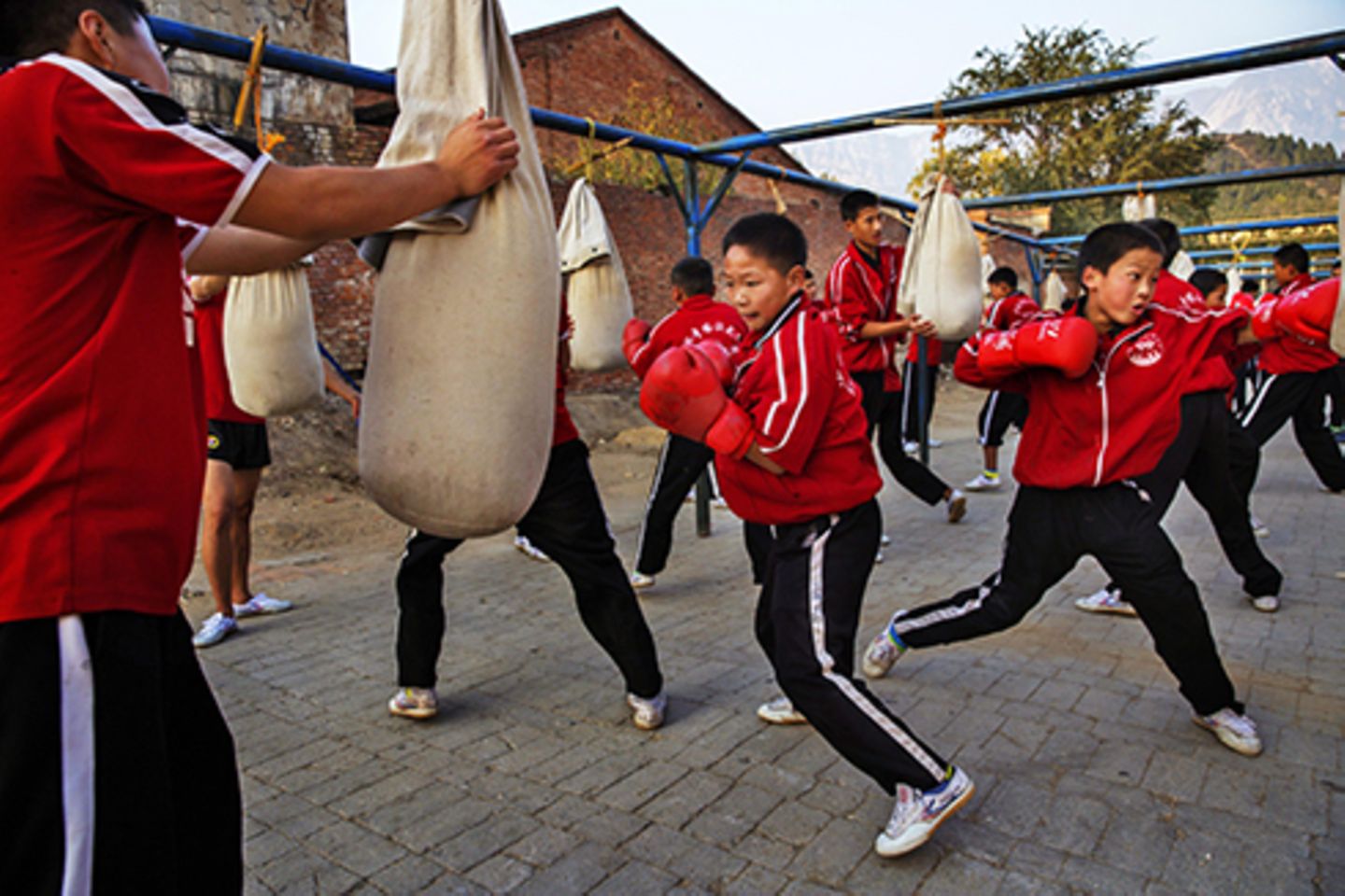 Bevor die Schüler kickboxen lernen, müssen sie alle Kung-Fu-Techniken perfekt beherrschen. Jede Klasse hat zwischen 30 und 45 Schüler.