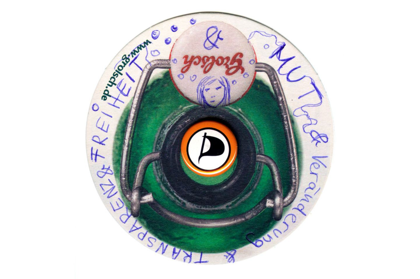Die Piratenkapitänin Katharina Nocun fertigte erst mal sehr kreativ ein Mashup aus Bierdeckel und Partei-Logo an, dann fielen ihr aber nur sehr große, allgemeine Worte wie »Mut« oder »Freiheit« ein.