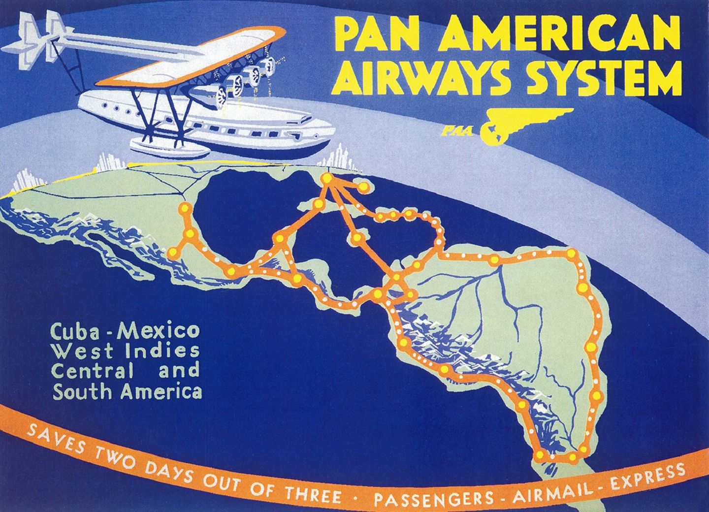 Poster Anonymous 1933: Das Streckennetz von Pan Am war mit den viermotorigen Sikorsky S-42-Flugbooten weit über Mittelamerika hinaus bis Südamerika gewachsen. 