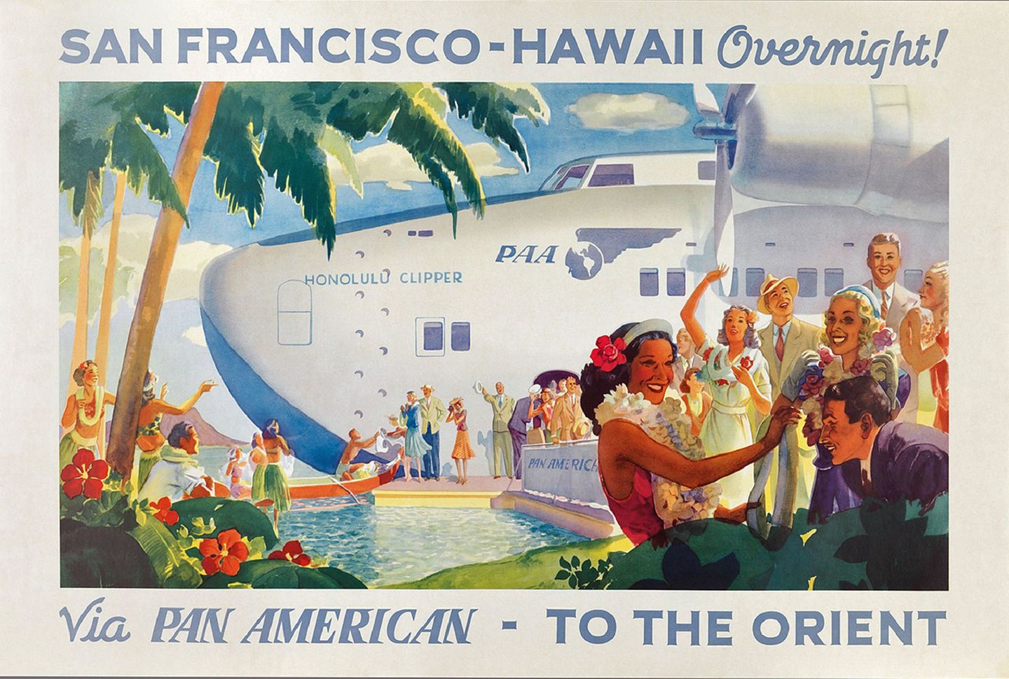 Poster von Frank McIntosh 1939: Das riesige Martin M-130 Verkehrsflugboot kam ausschließlich ab 1935 im Pazifik zum Einsatz. Über Hawaii ging es weiter bis Manila auf die Philippinen.