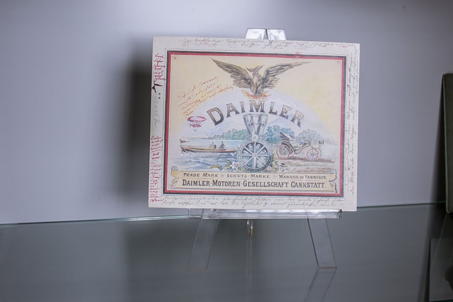 Daimler Logo 1883 - mit handschriftlichen Anmerkungen rundum