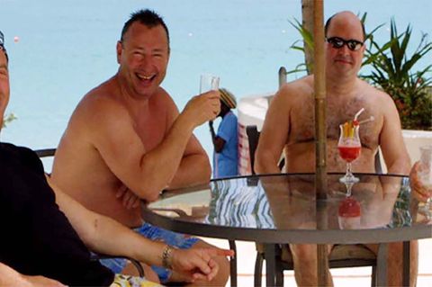 Lynden Scourfield (rechts) mit seine Komplizen David Mills (Mitte) und Michael Bancroft auf Barbados in der Karibik.