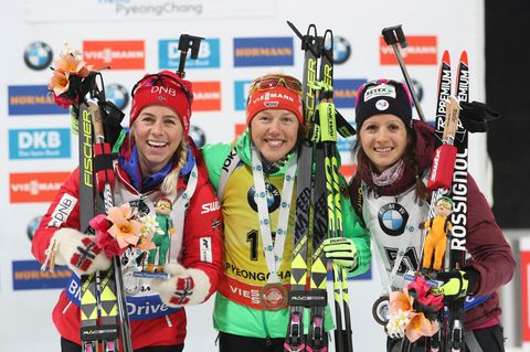 Laura Dahlmeier in der Mitte: Das Sprint-Podium beim Biathlon-Weltcup in Pyeongchang
