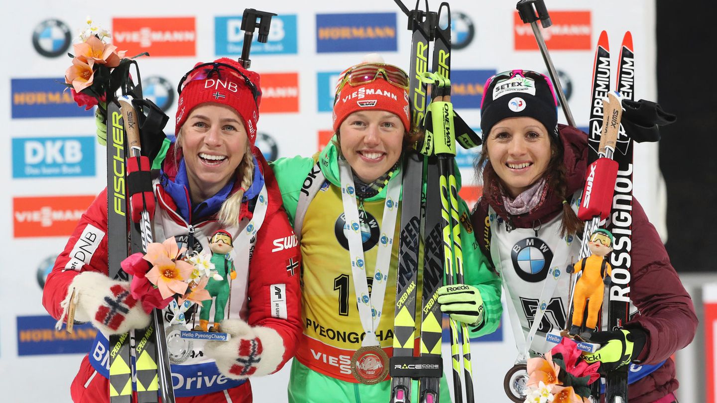 Laura Dahlmeier in der Mitte: Das Sprint-Podium beim Biathlon-Weltcup in Pyeongchang