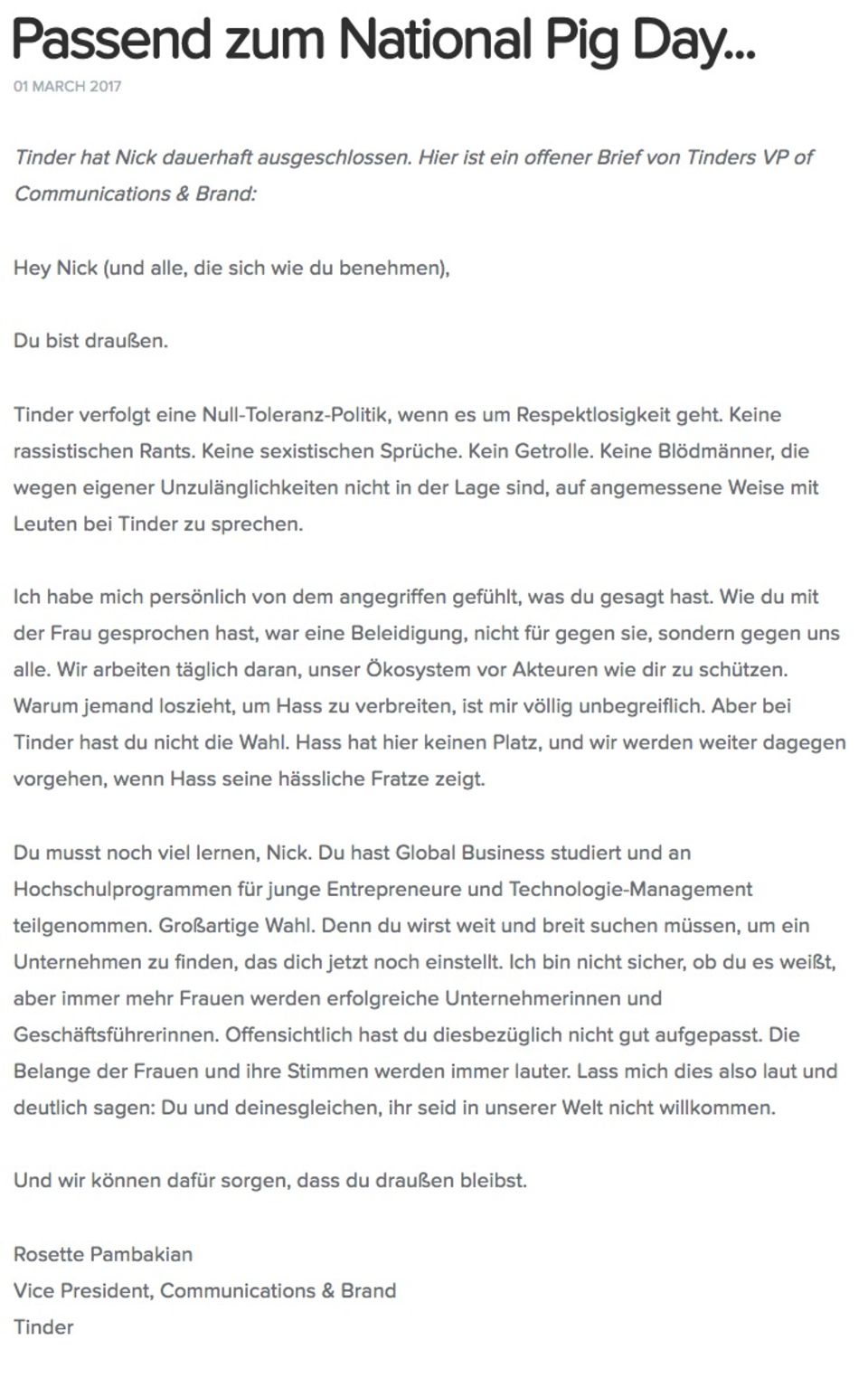 Rosette Pambakian bannt Nick nach seiner Nachricht