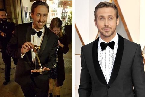 Links Ludwig Lehner mit der Goldenen Kamera, rechts der echte Hollywoodstar: Lehner arbeitet nebenbei als Ryan-Gosling-Double