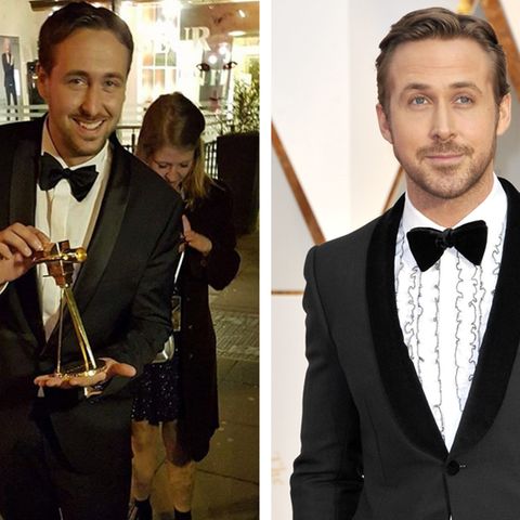 Links Ludwig Lehner mit der Goldenen Kamera, rechts der echte Hollywoodstar: Lehner arbeitet nebenbei als Ryan-Gosling-Double