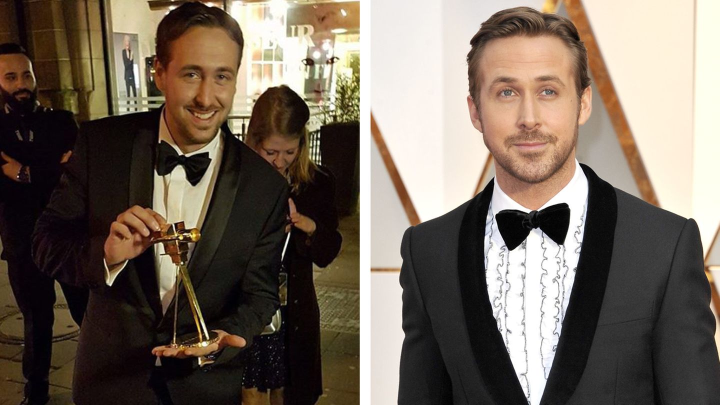 Links Ludwig Lehner mit der Goldenen Kamera, rechts der echte Hollywoodstar: Lehner arbeitet nebenbei als Ryan-Gosling-Double