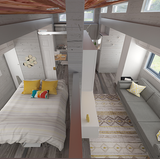 Ein großes Sofa und Doppelbett warten in diesem Tiny House.