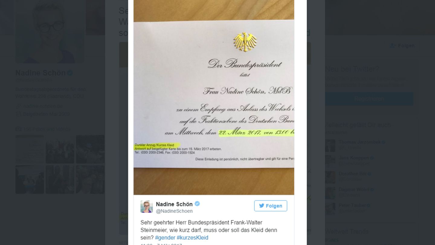 Dresscode: Die Einladung des Bundespräsidenten im Tweet von Nadine Schön