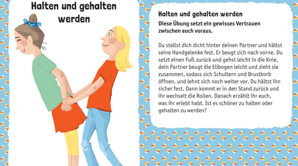 Halten und gehalten werden Illustration von zwei hintereinander stehenden Kindern