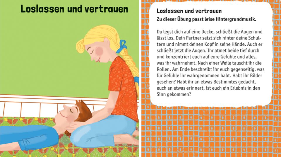 Loslassen und vertrauen Illustration zweier Kinder auf einer Decke, ein Junge Liegt, ein Mädchen hockt dahinter und hält seinen Kopf