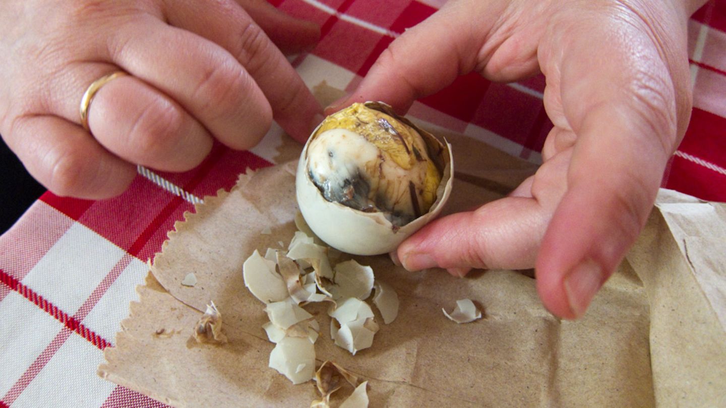 Lecker oder eklig?: Angebrütetes Ei in Vietnam Balut ist die wohl außergewöhnlichste Spezialität, die man weltweit essen kann. Es handelt sich um ein angebrütetes gekochtes Enten- oder Hühnerei. Bei uns ein tabu, in vielen asiatischen Ländern ist Balut aber eine Delikatesse. Erst wird die Flüssigkeit ausgeschlürft, dann das ganze Ei gepellt und mit Salz gewürzt. Schnabel und Federn sind meist schon deutlich zu erkennen. Angebrütetes Ei in Vietnam Balut ist die wohl außergewöhnlichste Spezialität, die man weltweit essen kann. Es handelt sich um ein angebrütetes gekochtes Enten- oder Hühnerei. Bei uns ein tabu, in vielen asiatischen Ländern ist Balut aber eine Delikatesse. Erst wird die Flüssigkeit ausgeschlürft, dann das ganze Ei gepellt und mit Salz gewürzt. Schnabel und Federn sind meist schon deutlich zu erkennen.