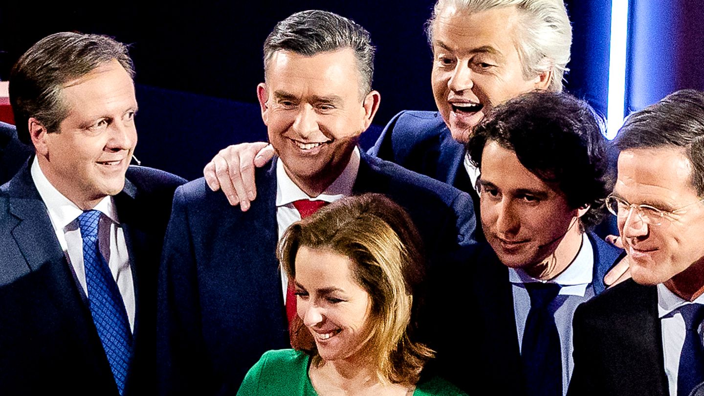 Wahltag in den Niederlanden: Die Spitzenkandidaten (v.l.n.r):  Alexander Pechtold (Demokraten), Emile Roemer (Sozialistische Partei), Geert Wilders (Partei für die Freiheit), Jesse Klave (Grüne), Mark Rutte (Ministerpräsident, bürgerlich-liberale Partei) und Marianne Thieme (Tierschutzpartei)