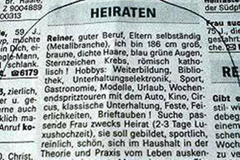 Die Kontaktanzeige des Jahres von Reiner.