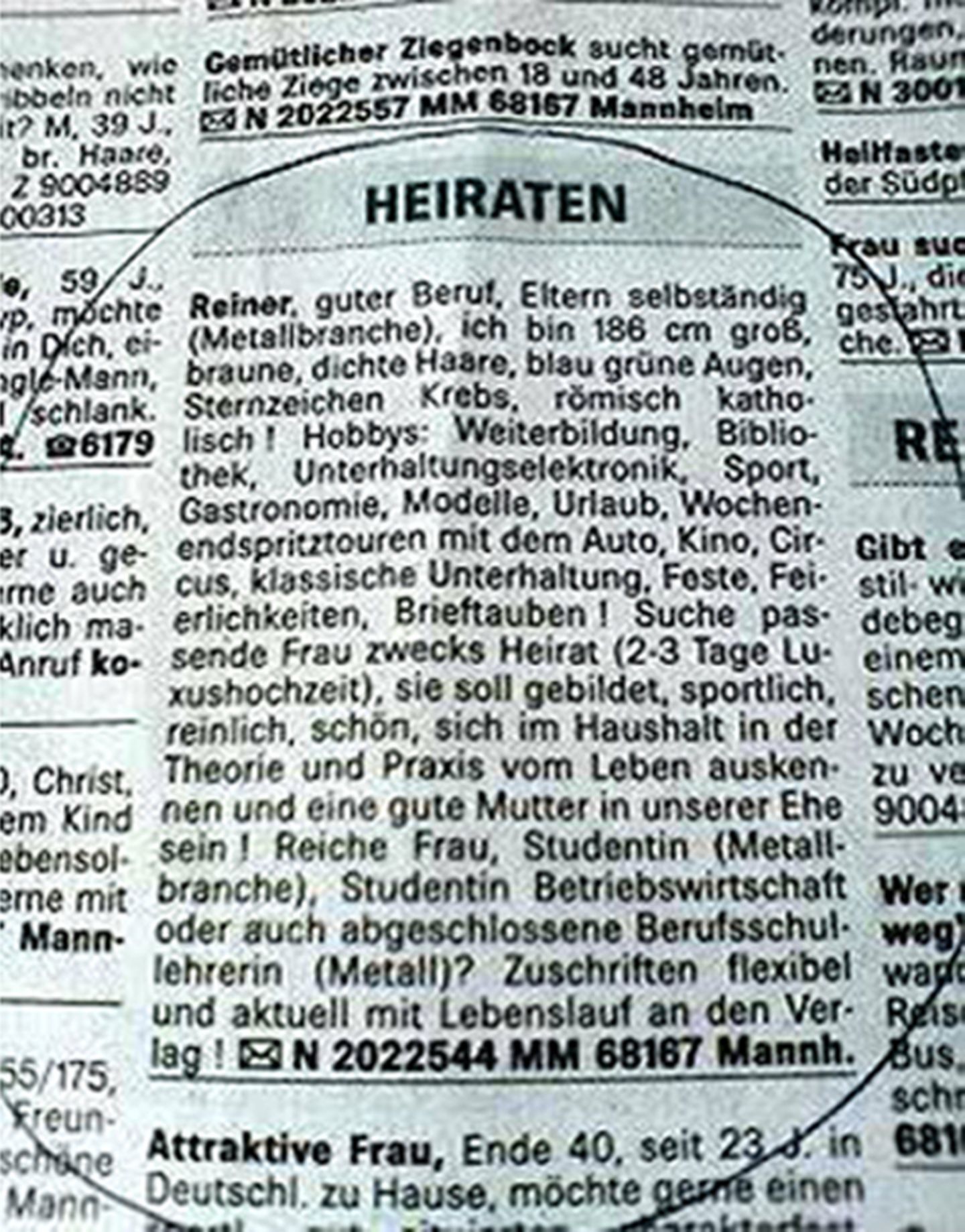 Die Kontaktanzeige des Jahres von Reiner.