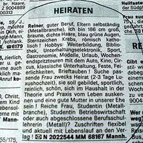 Die Kontaktanzeige des Jahres von Reiner.