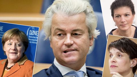 Dass Geert Wilders nicht so abschnitt, wie der Rechtspopulist erhofft hatte, ärgert AfD-Chefin Frauke Petry (u.r.). Sahra Wagenknecht (o.r.) und Angela Merkel sind dagegen erfreut.