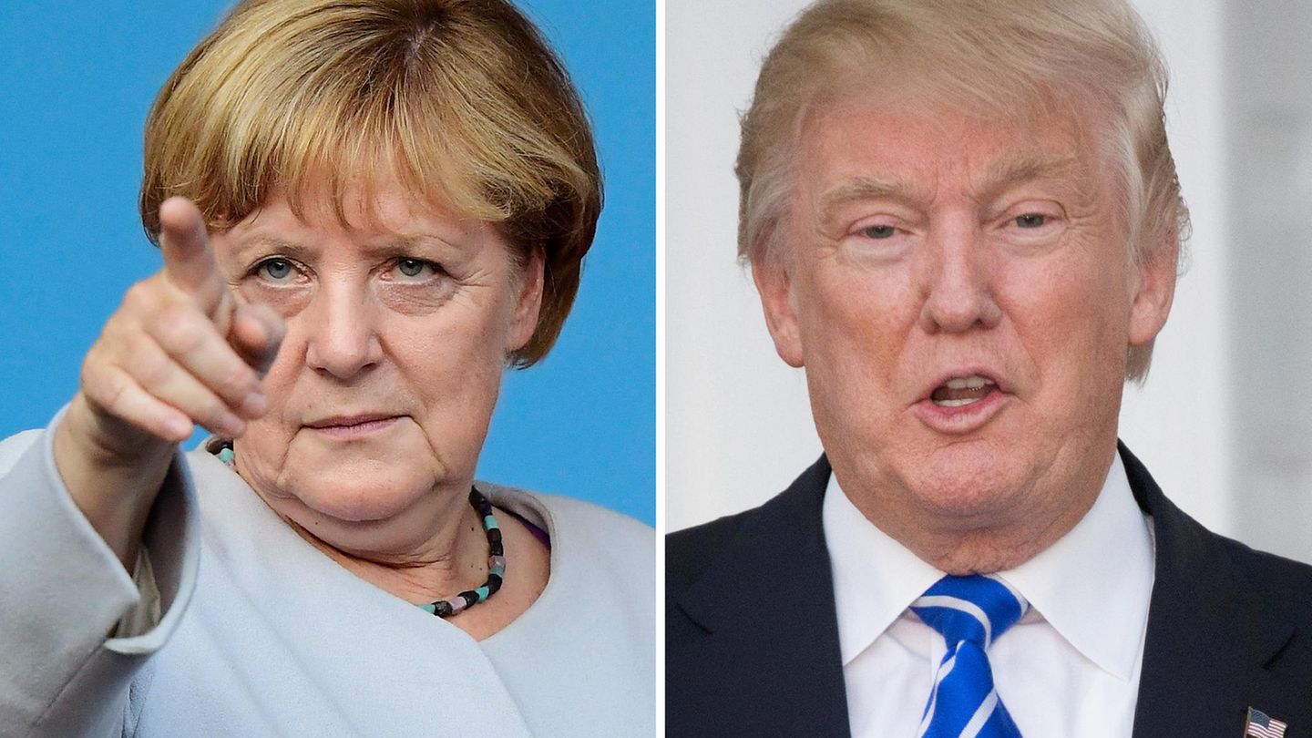 Angela Merkel mit erhobenem Zeigefinger und Donald Trump