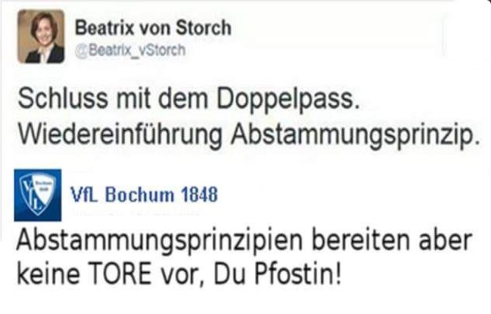 Kritik an Doppelpass: Von-Storch-Kritiker fallen auf falschen VfL-Bochum-Tweet herein Kritik an Doppelpass: Von-Storch-Kritiker fallen auf falschen VfL-Bochum-Tweet herein