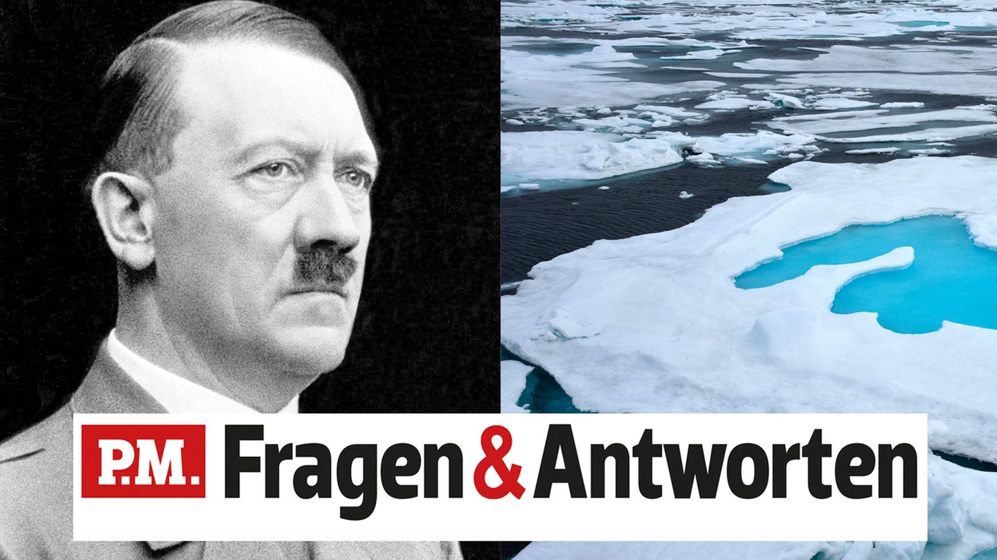 Adolf Hitler neben einem Bild des Nordpols