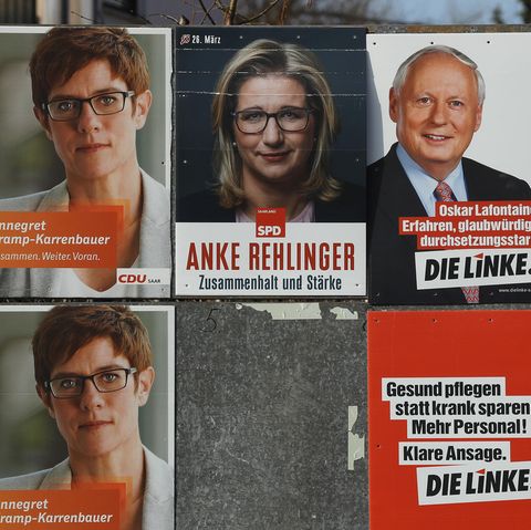 Saarland-Wahl: Plakate von Annegret Kramp-Karrenbauer, Anke Rehlinger und Oskar Lafontaine