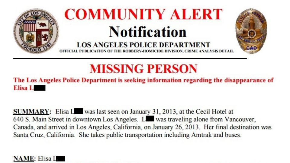 Mit diesem Handzettel hat die Polizei von Los Angeles nach der vermissten Studentin Elisa L. gesucht. Ein Fahndungszettel der Polizei Los Angeles zu Elisa L.