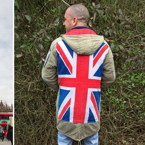 Geteiltes Land: Gewappnet mit dem Union Jack, erleichtert sich dieser Mann während eines Marsches für Großbritannien (r.). Gegen Kleinstaaterei und Populismus halten Demonstranten im Regierungsviertel in London Händchen (l.)