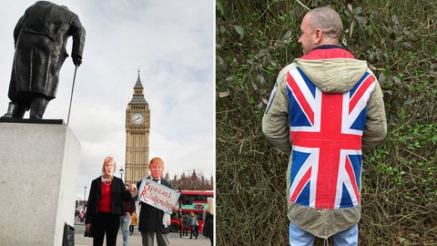 Geteiltes Land: Gewappnet mit dem Union Jack, erleichtert sich dieser Mann während eines Marsches für Großbritannien (r.). Gegen Kleinstaaterei und Populismus halten Demonstranten im Regierungsviertel in London Händchen (l.)