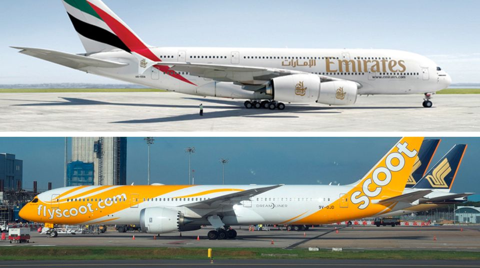 Ein Airbus A380 von Emirates und eine Boeing 787 von Scoot