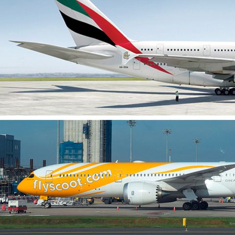 Ein Airbus A380 von Emirates und eine Boeing 787 von Scoot