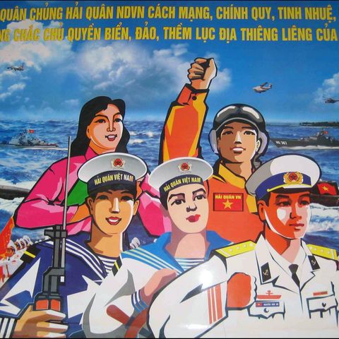 Zu sehen ist ein Plakat, auf dem in bunten Farben frohe vietnamesische Matrosen abgebildet sind.