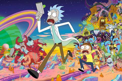 Zu sehen ist, wie Rick und Morty vor einem Mob aus Aliens und Monstern fliehen.