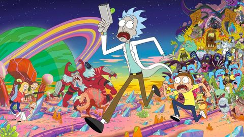 Zu sehen ist, wie Rick und Morty vor einem Mob aus Aliens und Monstern fliehen.