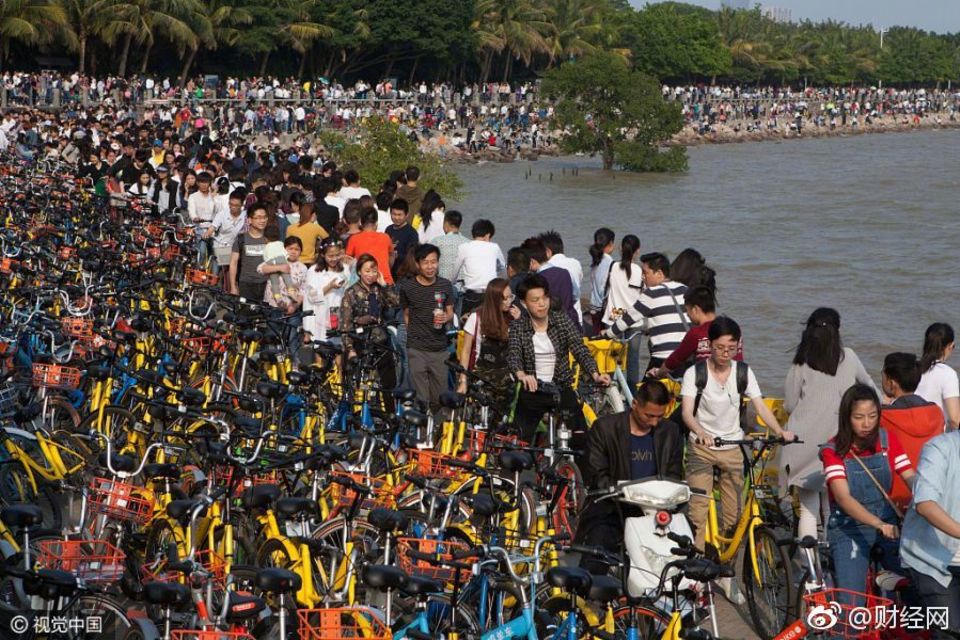 Vor lauter Fahrrädern kein Platz zum Laufen In der chinesischen Stadt Shenzhen hat ein Überfluss an Shared-Bikes den Bay Park eingenommen.