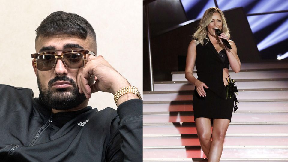 Der Offenbacher Rapper Haftbefehl mit Sonnenbrille und Helene Fischer im heißen schwarzen Kleid.