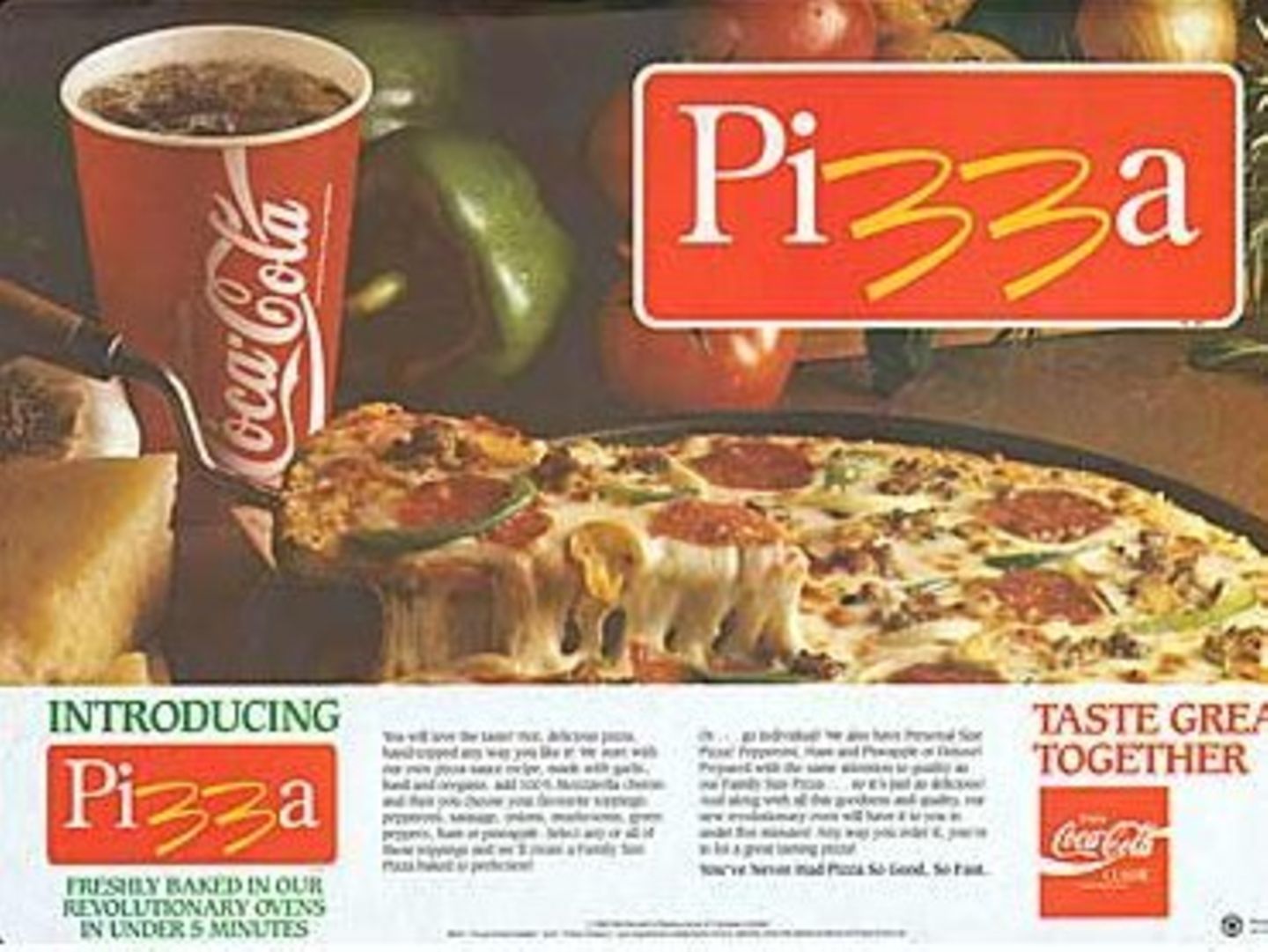 McDonald's Pizza und McPizza  In den späten 1980er und in den frühen 90er Jahren gab es bei McDonald's Pizza. Sie wurde frisch zubereitet, das dauerte natürlich seine Zeit. Die Gäste wurden ungeduldig und die Pizza flog kurze Zeit später wieder vom Menü. 