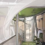 Die Geschosse sind durch eine Wendeltreppe miteinander verbunden.