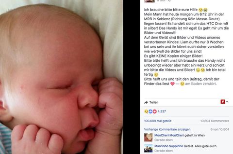 Der Facebook-Post der Familie Hellriegel aus Rheinland-Pfalz, auf dem das verstorbene Baby zu sehen ist.